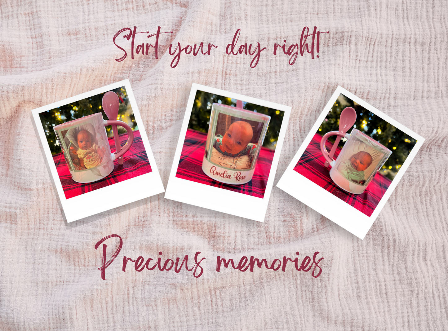 Coffee Mugs with Photos and Matching Spoons, Personalized Ceramic Mugs