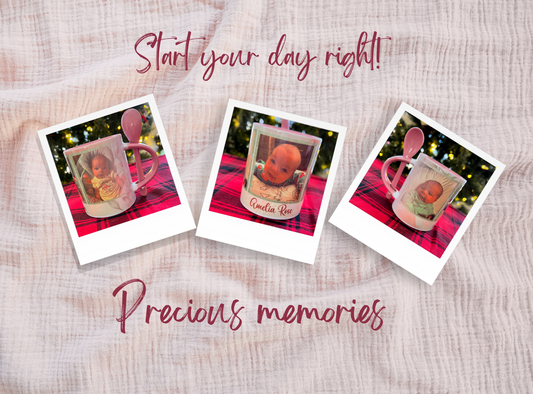 Coffee Mugs with Photos and Matching Spoons, Personalized Ceramic Mugs
