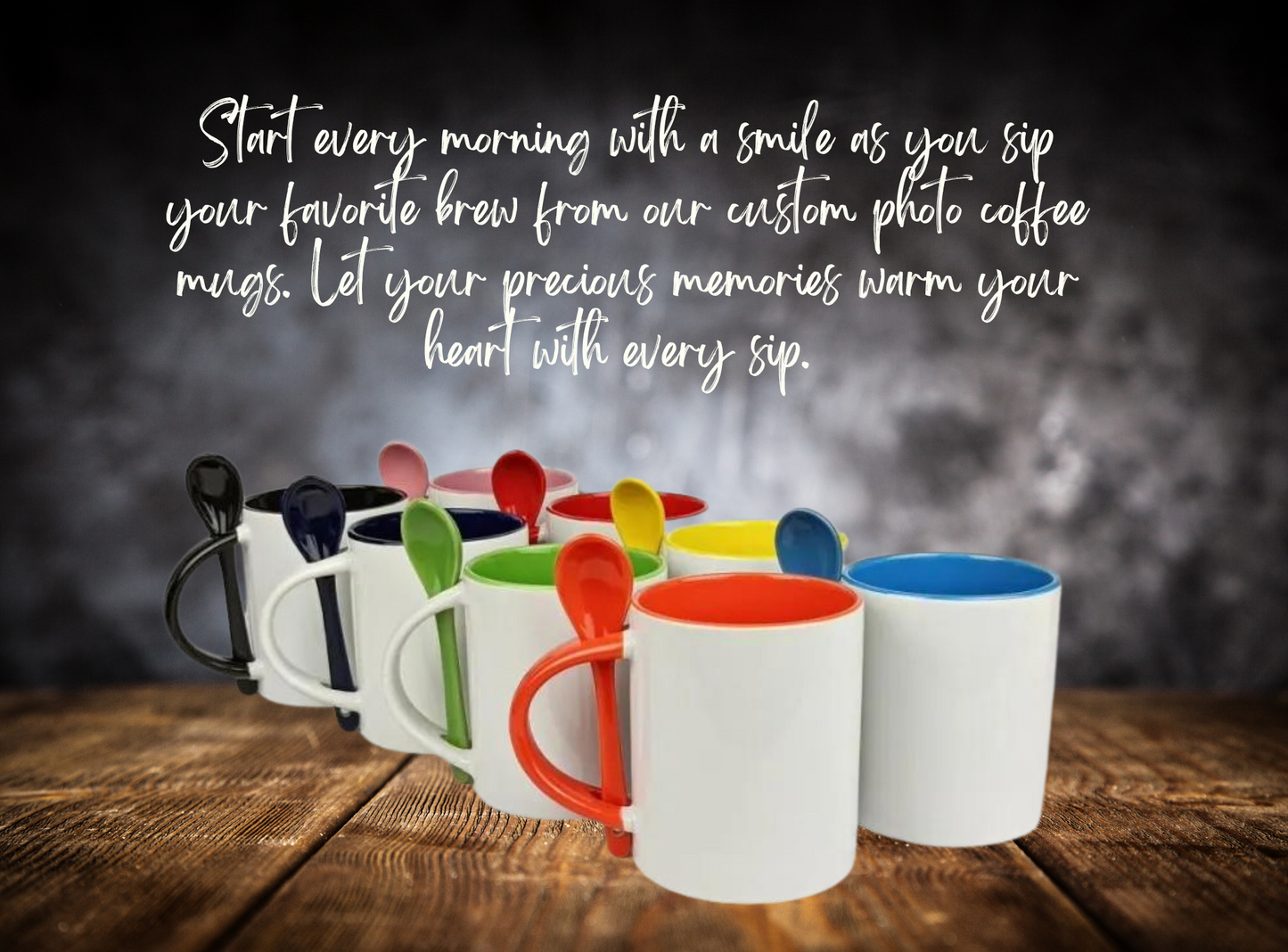 Coffee Mugs with Photos and Matching Spoons, Personalized Ceramic Mugs