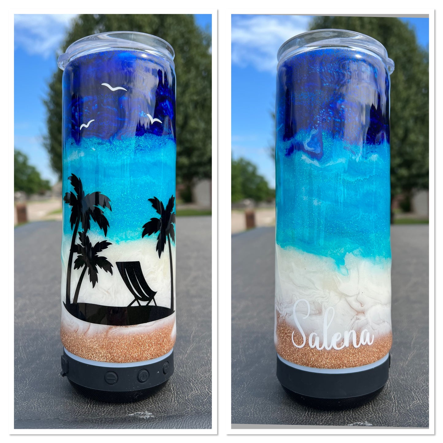 Custom-Made Beach Themed Tumbler, Beach Tumbler with Speaker, Cup with Speaker, Personalized Beach Tumbler