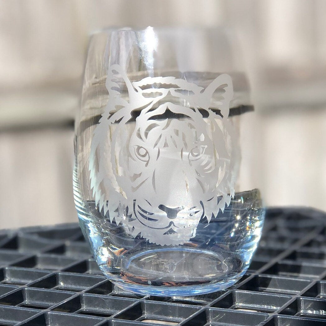 Tiger wine glass, Tiger Etched whiskey glass, Tiger Etched beer glass, Tiger personalized Tiger glass, Custom etched Tiger glass